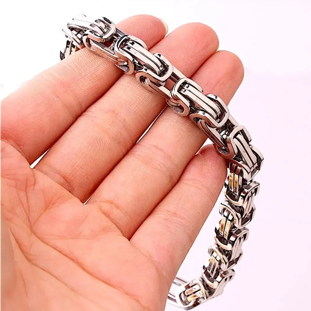 STAINLESS STEEL SILVER BYZANTINE MECHANIC SILVER BLACK BIKER BRACELET